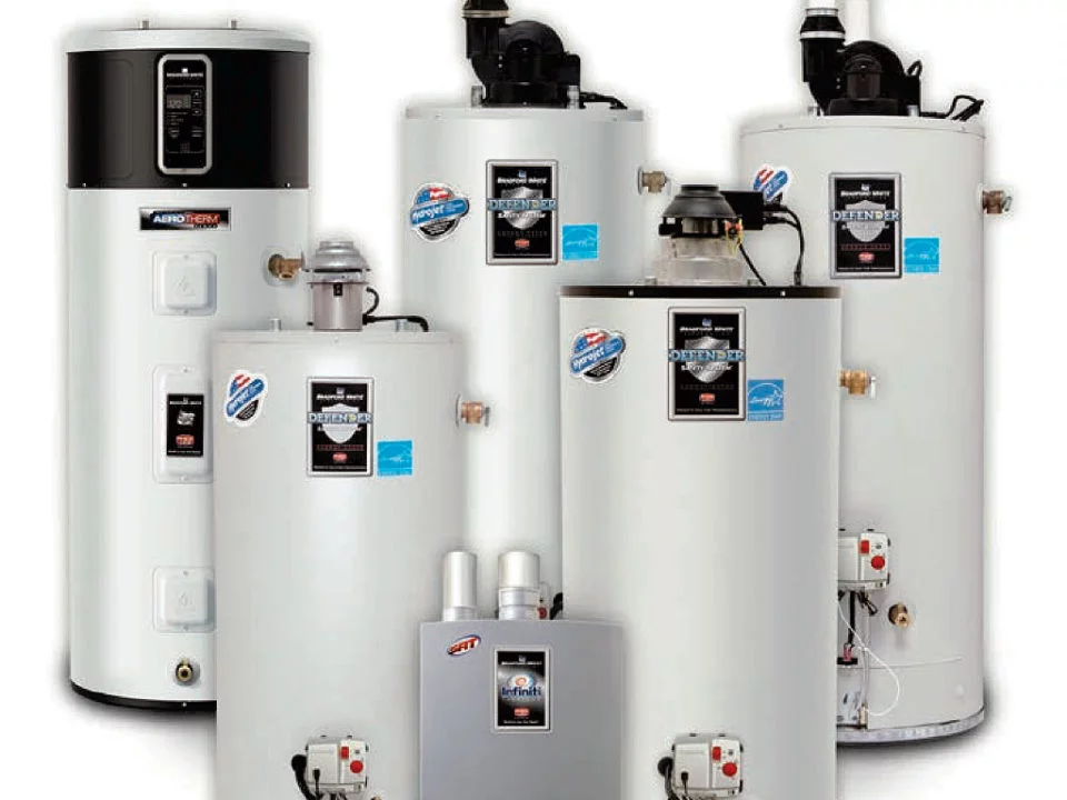 A group of water heaters that are all in a row.