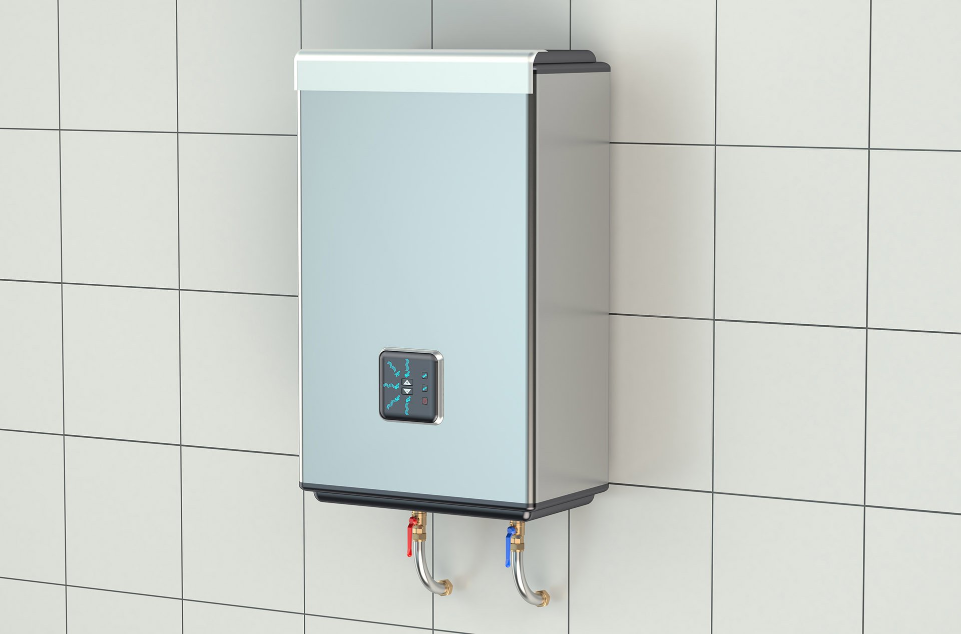 A wall mounted water heater on the side of a tiled wall.