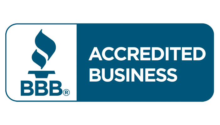 A blue and white logo for accredited business.