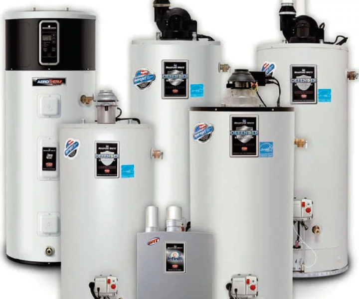 A group of water heaters that are all in a row.